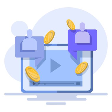 Konsept oluşturma fikri vlog para kazanmak, gelir para kazanmak çevrimiçi simge illüstrasyonu, sosyal monetizasyon sohbet dijital pazarlama grafik tasarımı, dizüstü bilgisayar üzerinde internet web elektronik medya nakit.