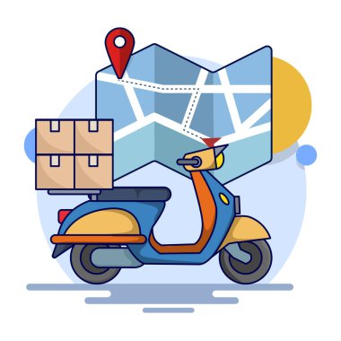 Teslimat Konsepti. Kutulu scooter ya da paket ve konum işaretli. Paket teslimatı. Boks yap. E-ticaret şablonu, hızlı teslimat servisi, paket teslimatı. arkaplanda düz vektör illüstrasyonu.