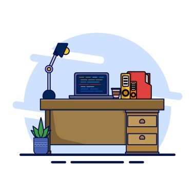 Masaüstü ile Profesyonel Masa Ayarlama Konsepti, Üretim ve Konfor İçin Tasarım, Masa Ayarlama Tedarikleri, Lambalar, Bitkiler, Kahve İçecekleri. Web Sancakları, Şablonlar, vs. için. Vektör Düz Çizim.