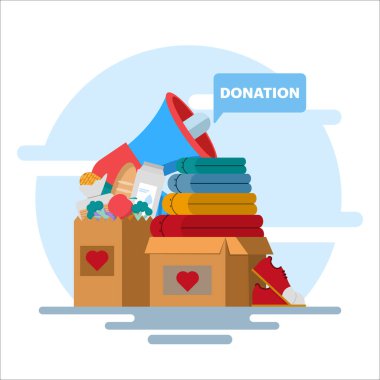 Çevrimiçi bağış konsepti ya da hayır kurumlarına katılım, bağış ve gönüllülük. Bağışlanan eşyalar kutularda. İnsan topluluğu, hayır kurumu, yardım, bağış yapan gönüllüler. düz vektör illüstrasyonu.