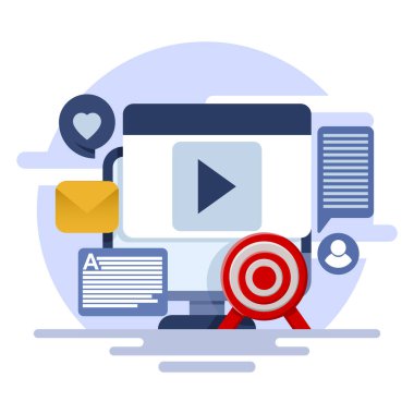 İnternette içerik pazarlama kavramı, sosyal medyaya içerik yükleme, izleyiciler için yararlı içerik yazma, e-posta pazarlama, SEO, markalı içerik, arka planda düz vektör çizimi.