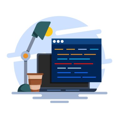 Açık Proje Monitörlü Profesyonel Programcı Çalışma Masası Kurulumu. Bir sürü sergisi, lambası ve kahve içeceği olan basit bir masa. pankartlar, şablonlar, vs. için. Vektör Düz Çizim.