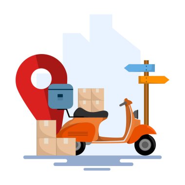 Teslimat Konsepti. Kutulu scooter ya da paket ve konum işaretli. Paket teslimatı. Boks yap. E-ticaret şablonu, hızlı teslimat servisi, paket teslimatı. arkaplanda düz vektör illüstrasyonu.