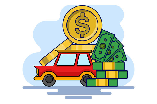 Concept of Saving coins or money to buy a car, concept of buying property. Save money on car asset property for business finance marketing. Flat vector illustration on background.