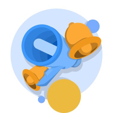 Megaphone ve Bell tebligatıyla pazarlama zamanı konsepti. Hoparlörle çevrimiçi haberler. Yayın ya da tanıtım mesajı bildirimleri, sosyal medya promosyonları. Arkaplanda düz vektör illüstrasyonu.