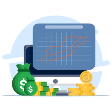 İş grafiği finans kavramı, izole arka planda grafiği olan para, finans, yatırım, grafik ve grafikler için para sikkeleri büyütme işi. dijital pazarlama.