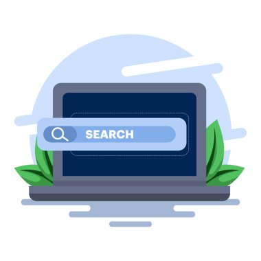 Arama motoru simgesi konsepti olan dizüstü bilgisayarlı internet tarama kavramı. çevrimiçi web tarayıcı, arama motoru çubuğu, seo optimizasyonu, arama ekranı sayfası, arkaplanda düz vektör çizimi.