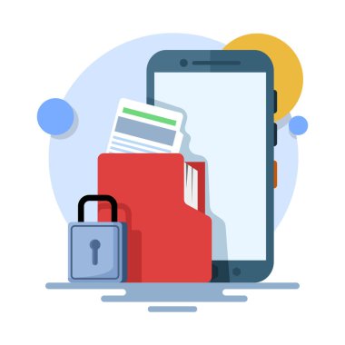 Cep telefonundaki belge güvenliği kavramı. Dosya güvenliği kilitlendi. Kişisel verileri korumak için Siber Güvenlik Servisi. Bulut Paylaşılan Belgeler, Sunucu Güvenliği ve Veri Koruma. düz vektör.