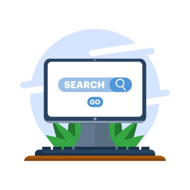 Arama motoru simgesi konsepti olan dizüstü bilgisayarlı internet tarama kavramı. çevrimiçi web tarayıcı, arama motoru çubuğu, seo optimizasyonu, arama ekranı sayfası, arkaplanda düz vektör çizimi.