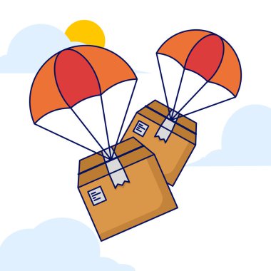 Hızlı Hava Lojistik Servis Konsepti. Paketler paraşütle gökyüzünden uçuyor. Alıcıya hızlı teslimat. Paraşüt Premium Simge Vektör İllüstrasyonlu Paket.