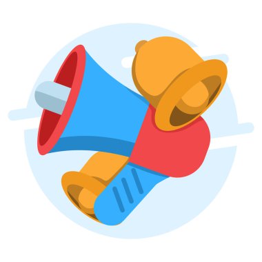 Megaphone ve Bell tebligatıyla pazarlama zamanı konsepti. Hoparlörle çevrimiçi haberler. Yayın ya da tanıtım mesajı bildirimleri, sosyal medya promosyonları. Arkaplanda düz vektör illüstrasyonu.