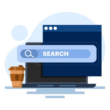 Arama motoru simgesi konsepti olan dizüstü bilgisayarlı internet tarama kavramı. çevrimiçi web tarayıcı, arama motoru çubuğu, seo optimizasyonu, arama ekranı sayfası, arkaplanda düz vektör çizimi.