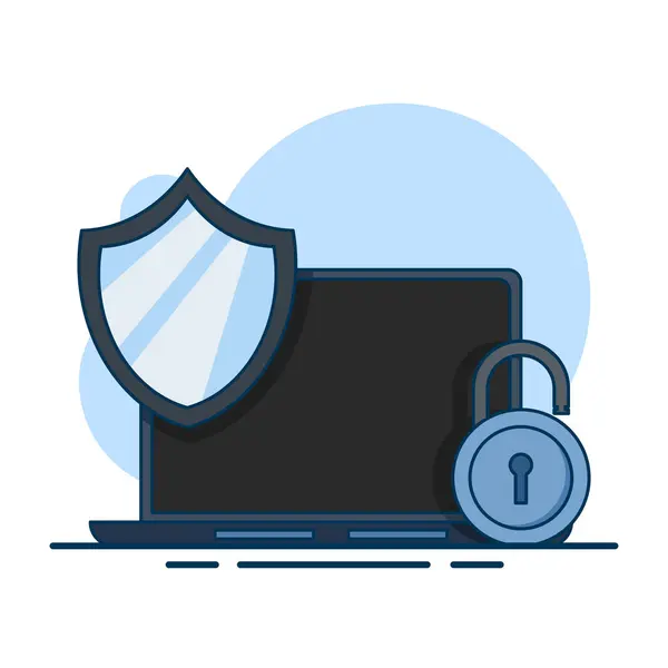 stock vector Laptop security protective shield concept. Cyber security. Data protection. Digital access and online security. computer services and electronic information. flat vector illustration on background.