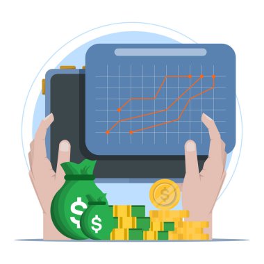 İş grafiği finans kavramı, izole arka planda grafiği olan para, finans, yatırım, grafik ve grafikler için para sikkeleri büyütme işi. dijital pazarlama.