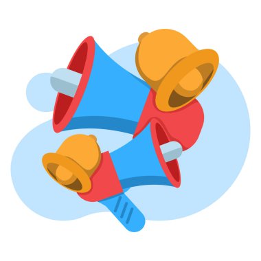 Megaphone ve Bell tebligatıyla pazarlama zamanı konsepti. Hoparlörle çevrimiçi haberler. Yayın ya da tanıtım mesajı bildirimleri, sosyal medya promosyonları. Arkaplanda düz vektör illüstrasyonu.