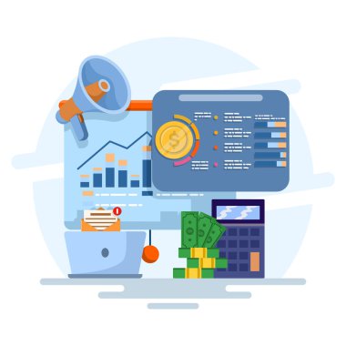 Çevrimiçi pazarlama bütçesi kavramı, pazarlama geliri, ikonlu yatırım düz vektörü, mali yatırım, yenilikçilik, pazarlama ve analize yatırım. düz vektör illüstrasyonu.
