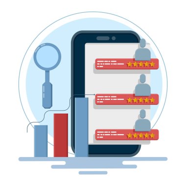 Arama analizi, pazarlama araçları, web sitesi trafiği, pazarlama raporları, site verilerinin analiz edilmesi ve ekranda grafiklerin incelenmesi ve stratejiler geliştirilmesi kavramı. düz vektör illüstrasyonu.