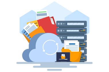 Mobil uygulama konsepti, bulut depolama, veri yedekleme, dosya paylaşımı ve güvenli erişimi olan çevrimiçi depolama. Mobil cihazlarla bulut senkronizasyonu. Uzaktan erişimi olan dijital depolama.