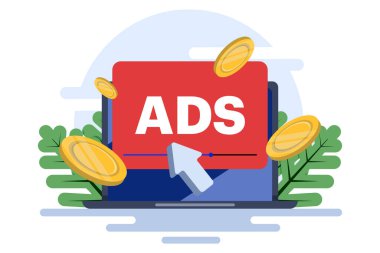 Klik başına ödeme konsepti, PPC, yayıncılar, reklamcılar veya reklamcılar için gelir sağlayan web sitelerinde reklamlar, bir markayı izleyiciye tanıtmak, İnternet,.