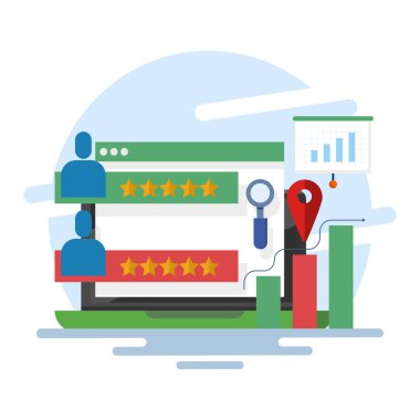 Arama analizi, pazarlama araçları, web sitesi trafiği, pazarlama raporları, site verilerinin analiz edilmesi ve ekranda grafiklerin incelenmesi ve stratejiler geliştirilmesi kavramı. düz vektör illüstrasyonu.