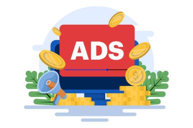 Klik başına ödeme konsepti, PPC, yayıncılar, reklamcılar veya reklamcılar için gelir sağlayan web sitelerinde reklamlar, bir markayı izleyiciye tanıtmak, İnternet,.