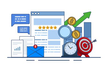 Çevrimiçi itibar yönetimi konsepti, servis geribildirim izlemesi için çevrimiçi inceleme yönetimi. Müşteri memnuniyeti araştırması. İşletme markası. dijital strateji pazarlama yolu.
