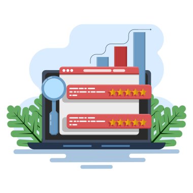 Arama analizi, pazarlama araçları, web sitesi trafiği, pazarlama raporları, site verilerinin analiz edilmesi ve ekranda grafiklerin incelenmesi ve stratejiler geliştirilmesi kavramı. düz vektör illüstrasyonu.