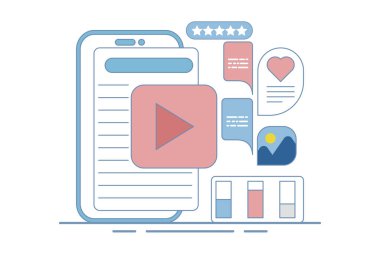 Sosyal medyada içerik pazarlaması için video içeriği kavramı. Beğenileri çeken içerik, paylaşımlar, seyirci ilgisi, seyirci tepkisiyle tatmin, arka planda simgeleri olan vektör illüstrasyonu.