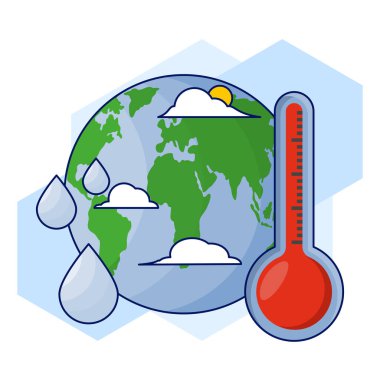 Küresel ısınma kavramı. Eriyen top ve termometre. Küresel ısınma ortamı. İklim değişikliği küresel sera ısınmasını riske atıyor. Sera gazı emisyonları, ormansızlaşma. Düz vektör illüstrasyonu.