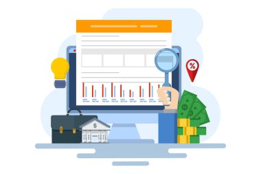 Muhasebe konsepti, mali beyanatlar, rapor hazırlığı. Finansal raporlar, dijital muhasebe, denetleme ve finansal araştırma. Bütçe yönetimi. düz tasarım vektör pankartı.