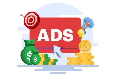 Klik başına ödeme konsepti, PPC, yayıncılar, reklamcılar veya reklamcılar için gelir sağlayan web sitelerinde reklamlar, bir markayı izleyiciye tanıtmak, İnternet,.