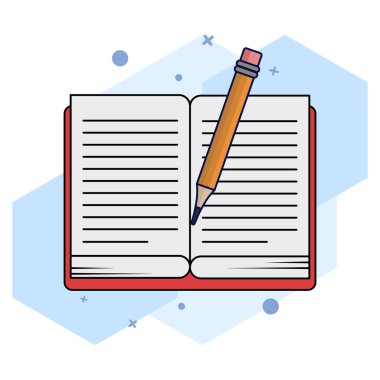 Okul Nesne Konsepti. Kitap ve Kalem Aç. Kitap vektör simgesini aç. Defterin üst görüntüsü, günlük kağıdı, kalem. Eğitici nesneler, dergi makaleleri, sözlük sayfaları. vektör illüstrasyonu.