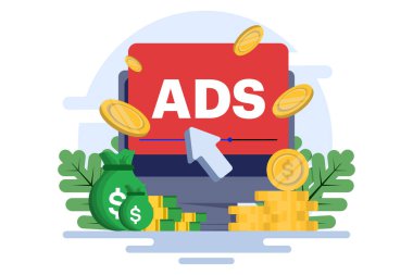 Klik başına ödeme konsepti, PPC, yayıncılar, reklamcılar veya reklamcılar için gelir sağlayan web sitelerinde reklamlar, bir markayı izleyiciye tanıtmak, İnternet,.