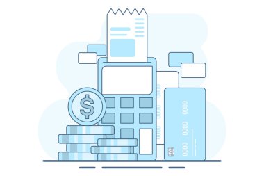 Ödeme kartı konsepti, banka kartıyla satın alma. Temassız ödeme sistemi, teknoloji, EMV çipi. NFC elektronik işlemler ve kablosuz sistemli ödemeler. düz vektör illüstrasyonu.