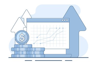 Dijital yatırım konsepti, finansal başarı, iş karları ve gelir, çevrimiçi finans stratejileri, çevrimiçi para kazanma, finansal veri raporları. Arkaplanda vektör illüstrasyonu.