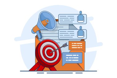 E-posta pazarlama kampanyası konsepti, reklamcılık, e-posta bülteni, mesaj, çevrimiçi iş stratejisi, iniş sayfası, afiş, sosyal medya, bilgi. düz vektör illüstrasyonu.