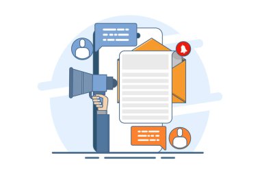 E-posta pazarlama kampanyası konsepti, reklamcılık, e-posta bülteni, mesaj, çevrimiçi iş stratejisi, iniş sayfası, afiş, sosyal medya, bilgi. düz vektör illüstrasyonu.