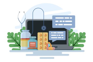 Tıbbi sağlık hizmeti konsepti. Çevrimiçi sağlık hizmetleri, çevrimiçi reçeteler, akıllı telefonlardan online ilaç alımları. Tıp ve sağlık konsepti. Çevrimiçi eczane, eczane, tanı. düz vektör.