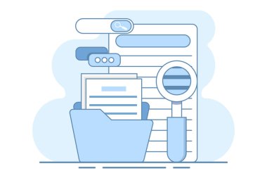 Dosya içinde dosya arama kavramı, dosya araması yapan büyüteç, elektronik veritabanı, elektronik depolama ve arşiv ile keşif. Düz vektör çizimi arkaplanda izole edildi.