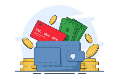 Para cüzdanı konsepti. Bozuk paralar, cüzdan, ödeme kartı, para ikonu. cüzdana para aktar, cüzdan kullan, İniş sayfaları için harika, UI, web, uygulama giriş kartları, başyazılar, el ilanları ve afişler.