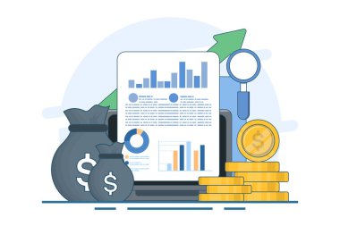 muhasebe veya finans kavramı, iş planı ve bütçesi, analist, muhasebeci, ekonomi, yatırım büyümesi veya gelir karı, düz illüstrasyon vektör afişi ve geçmiş.