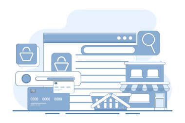 E-ticaret, iş pazarlama, çevrimiçi alışveriş, çevrimiçi sipariş, e-ticaret sitesi, dijital veya sanal market kavramı, çevrimiçi dükkandan satın alma. arkaplanda düz vektör illüstrasyonu.