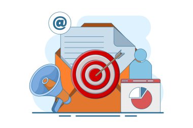 E-posta pazarlama kavramı, iş pazarlama, e-posta pazarlama kampanyası, çevrimiçi iş stratejisi, reklamcılık, e-posta bülteni, mesajlaşma, pazarlama kavramı, iniş sayfası, web pankartı, bilgi grafiği.