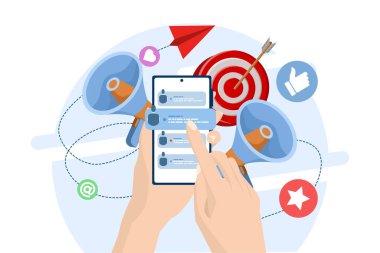 Arkadaşlara e-posta gönderme kavramı, e-posta pazarlaması, ekran üzerinde kişi listesi olan akıllı telefonu tutma, arkadaşlarına gönderme, web sayfası afişi için düz illüstrasyon vektör şablonu, iniş sayfası.
