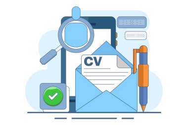 İşe alım konsepti. Çevrimiçi iş görüşmesi, İK Müdürü potansiyel iş adayları arıyor ve CV 'yi analiz ediyor, iş başvurusu yapıyor, işe alım sürecine başvuruyor. Düz vektör illüstrasyonu.