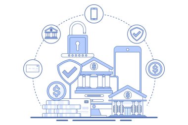 Çevrimiçi bankacılık veya internet üzerinden tasarruf etme kavramı, cep telefonu faturası ödemesi, cep telefonu cüzdanı, şirket kurma projesi, internet araştırması, iş planlaması. arkaplanda düz vektör illüstrasyonu.