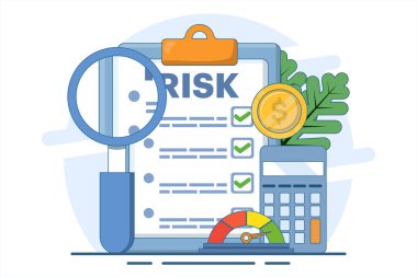 Mali risk kavramı, para sayma, kredi veya borç ödemeleri hesaplama, yatırım riski, harcama para konsepti, mali risk grafiği hesaplama, arka planda düz vektör çizimi.