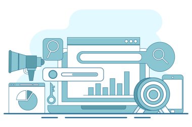 Arama motoru optimizasyon kavramları, SEO, arama motoru optimizasyon algoritmaları, veri izleme ve analizleri, iş pazarlaması, SEO bağlantı kurma stratejileri. arkaplanda düz vektör illüstrasyonu.