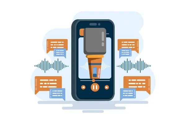 Ses pazarlama konsepti, markaları tanıtmak için ses tabanlı içerik, yayın podcast 'leri ve diğer ses prodüksiyonlarını kullanır. Ses reklamcılığı dijital içerik stratejisi, düz vektör illüstrasyonu.