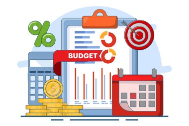 Bütçe hesaplama kavramı, bütçe iş stratejisi, finans ve muhasebe, ekonomi ve yatırım, bütçe hesaplaması, kâr ve zarar, verilerden rapor oluşturulması, düz vektör illüstrasyonu.